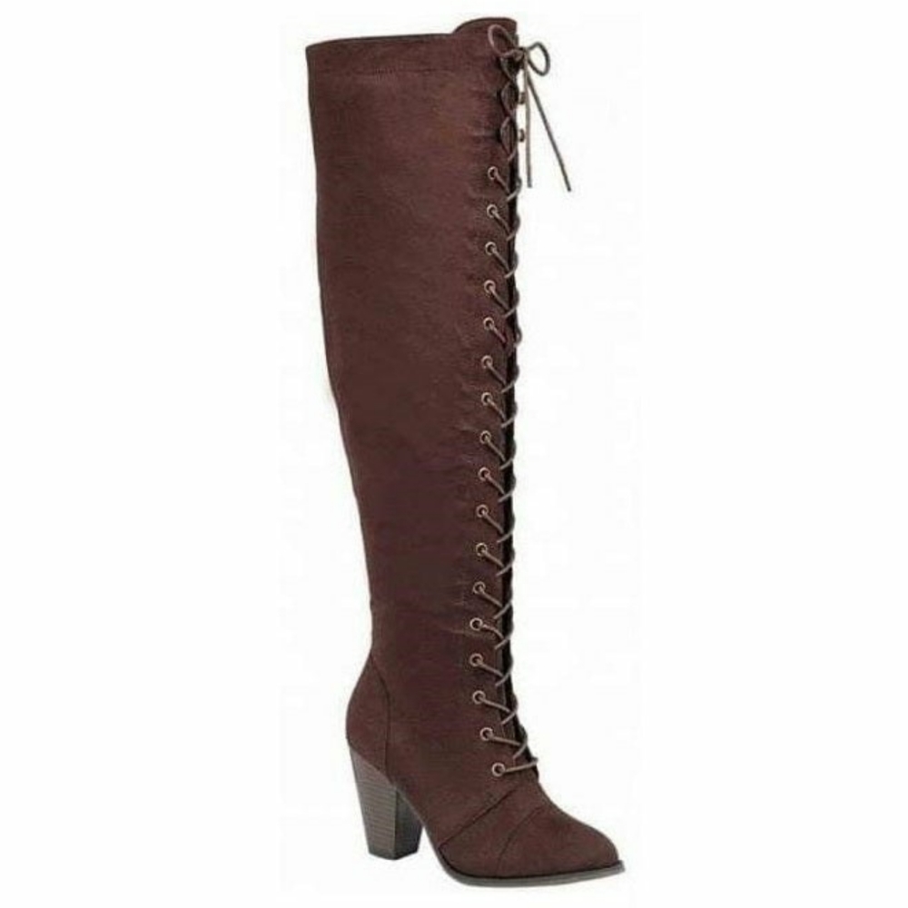 Brown thigh length lace up boots